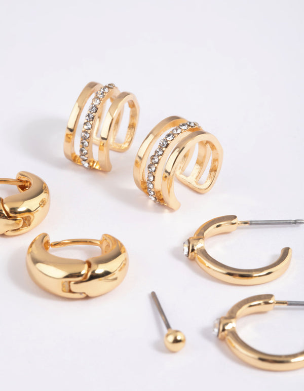 Gold Plated Diamante Cuff Stud and Hoop Earring Pack