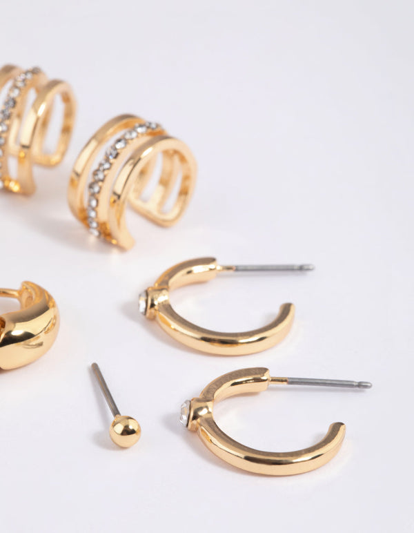 Gold Plated Diamante Cuff Stud and Hoop Earring Pack