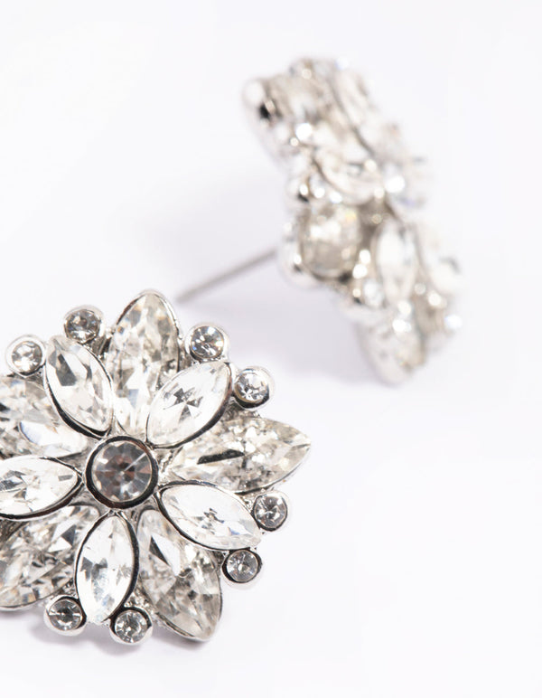 Rhodium Diamante Flower Stud Earrings