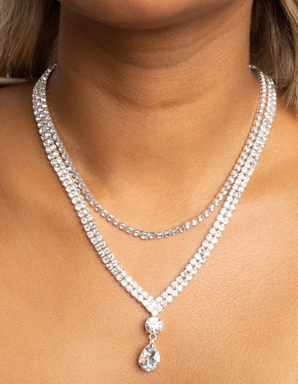 Zilveren diamant traanvormige gelaagde ketting