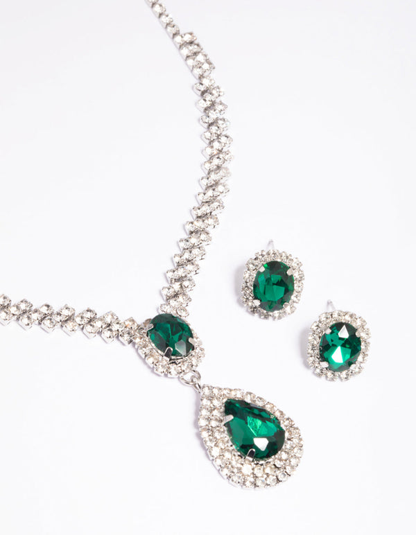 Green Diamante Teardrop Necklace and Earrings Set