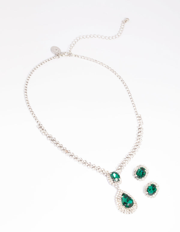 Green Diamante Teardrop Necklace and Earrings Set
