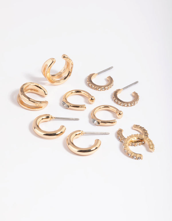 Stapelpakket met gouden diamanten manchet en Huggie-oorbellen