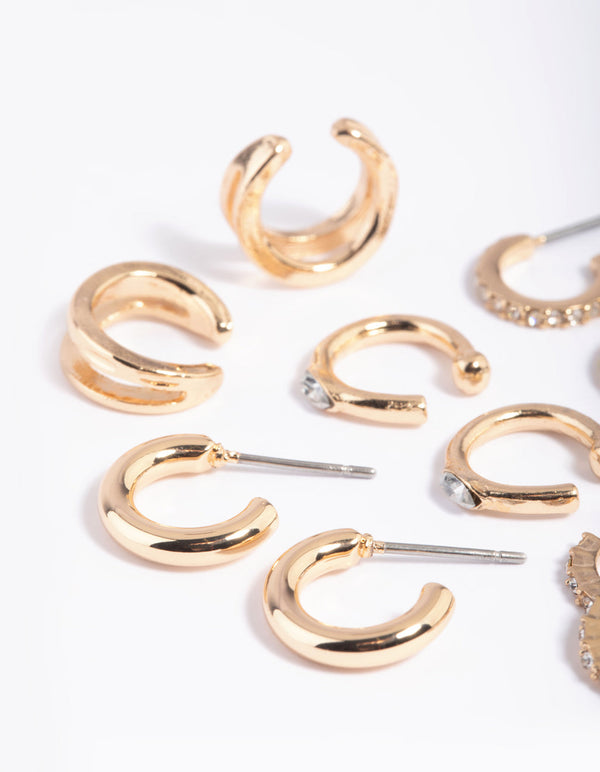 Stapelpakket met gouden diamanten manchet en Huggie-oorbellen