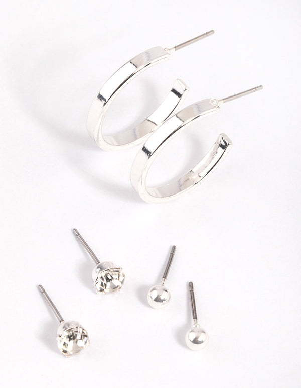 Silver Plain Stud and Hoop Earring Pack