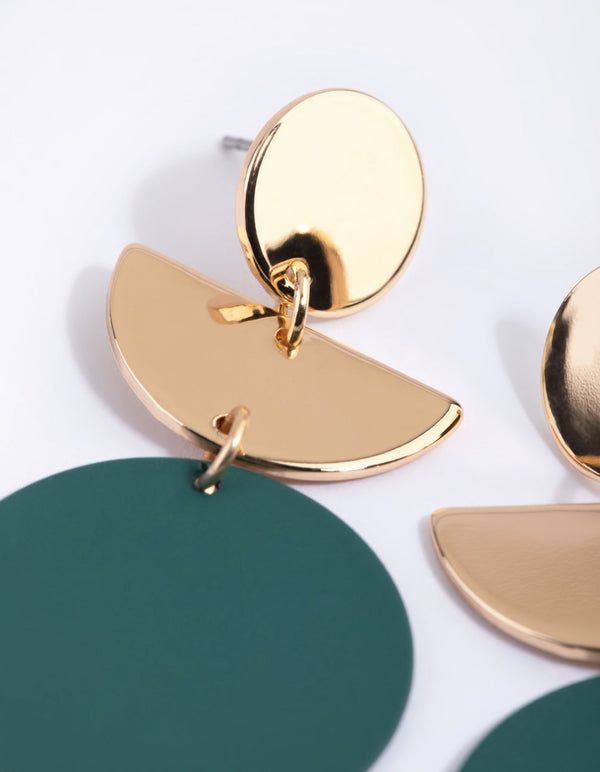 Green Geometric Disc Drop Earrings