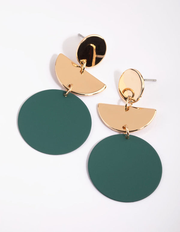 Green Geometric Disc Drop Earrings