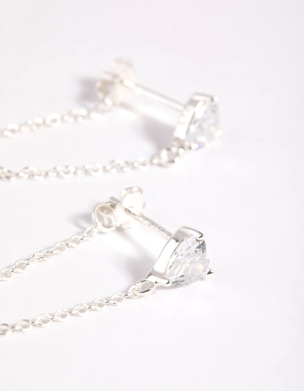 Sterling Silver Cubic Zirconia Heart Chain Stud Earrings