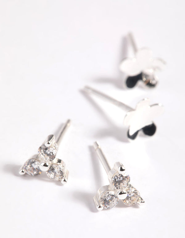 Sterling Silver Cubic Zirconia Floral Stud Earring Pack