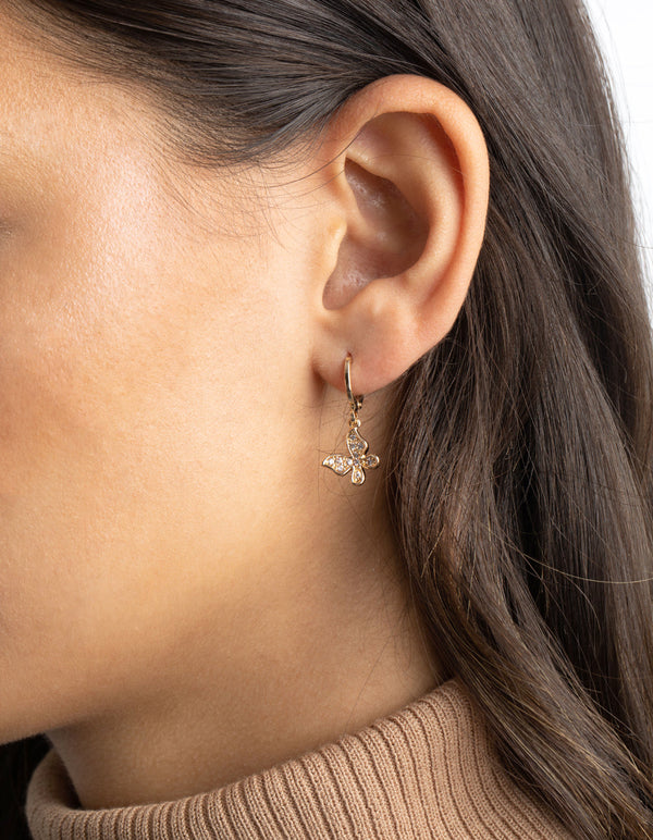 Gold Diamante Butterfly Huggie Hoop Earrings