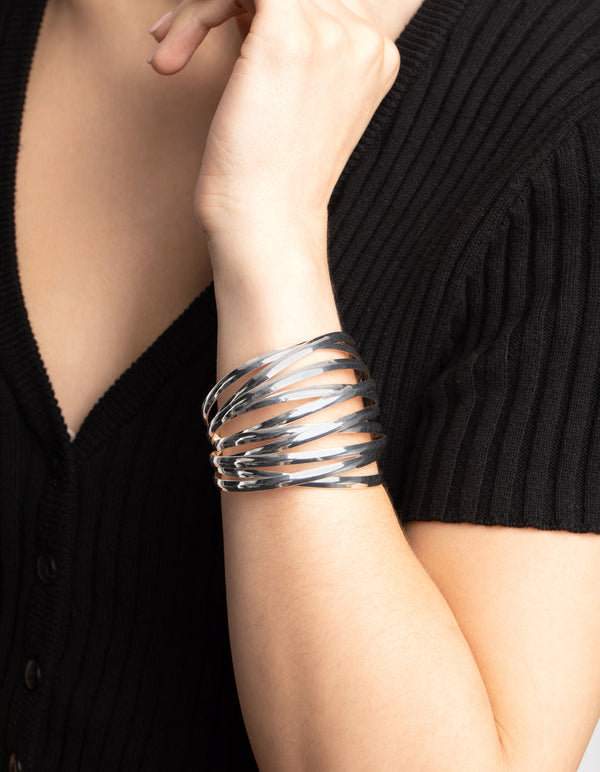 Silver Cross Over Double Cuff Bracelet