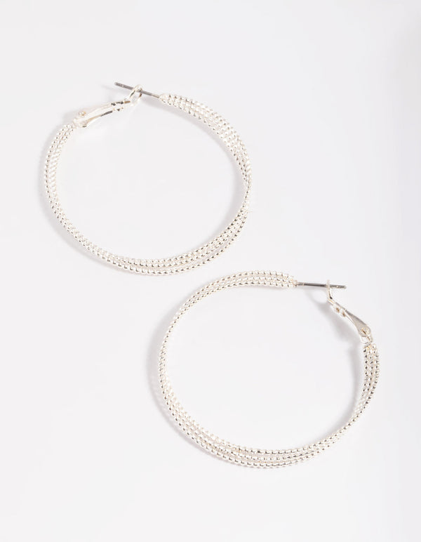 Rhodium Textured Criss Cross Hoop Earrings
