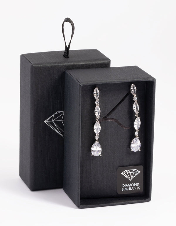 Rhodium Diamond Simulant Oval Drop Earrings