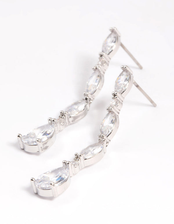 Rhodium Diamond Simulant Oval Drop Earrings