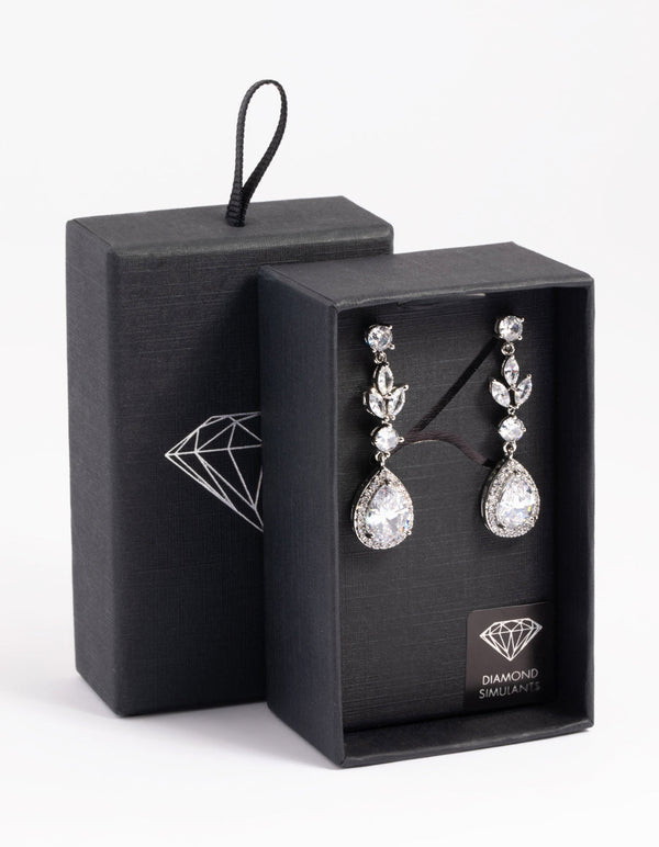 Rhodium Diamond Simulant Teardrop Earrings