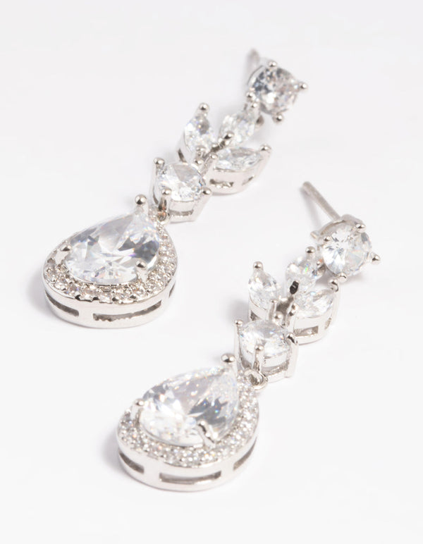 Rhodium Diamond Simulant Teardrop Earrings