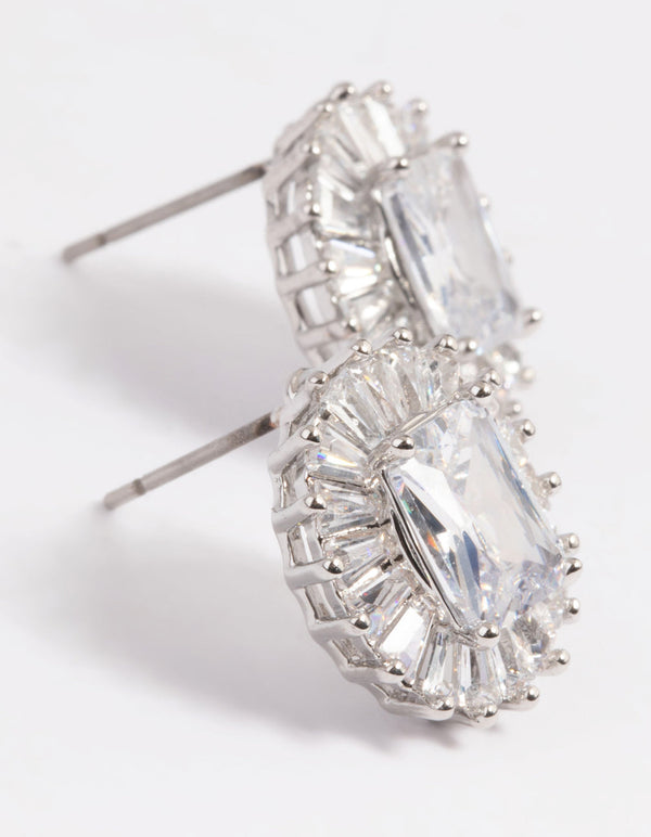 Rhodium Diamond Simulant Halo Statement Stud Earrings