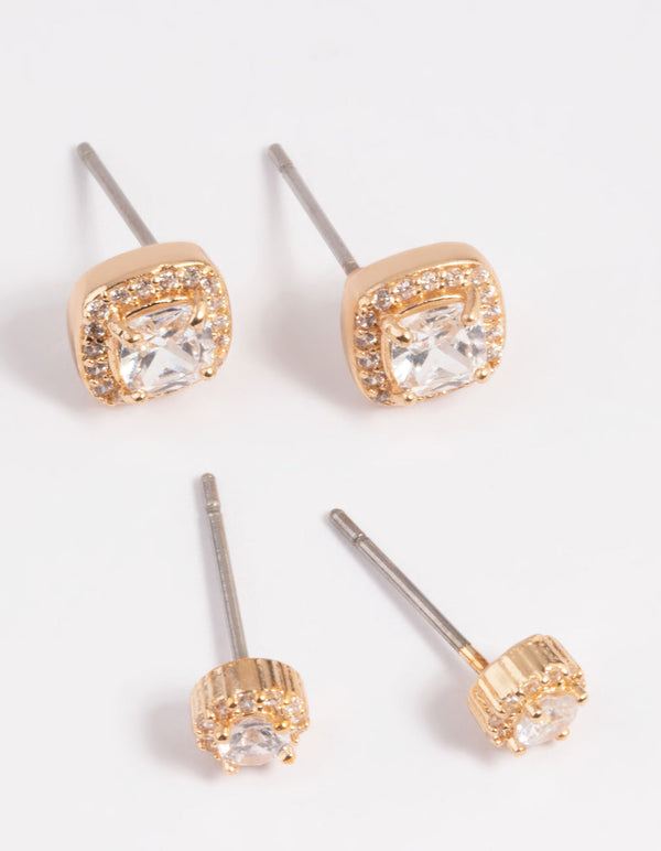 Gold Diamond Simulant Halo Stud Earring Set