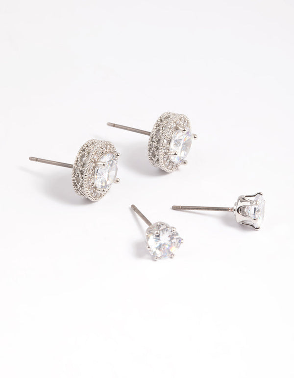 Rhodium Diamond Simulant Stud Earring Set