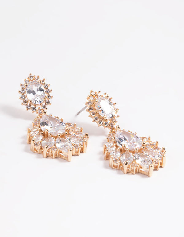 Gold Cubic Zirconia Pear Navette Statement Earrings