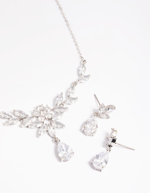 Rhodium Diamond Simulant Teardrop Necklace and Earrings Set