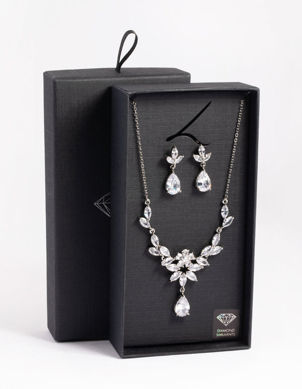 Rhodium Diamond Simulant Teardrop Necklace and Earrings Set
