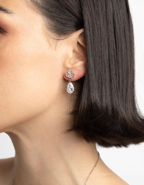 Rhodium Diamond Simulant Teardrop Necklace and Earrings Set
