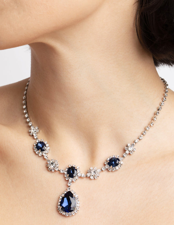 Rhodium Diamond Simulant Sapphire Flower Necklace and Earrings Set