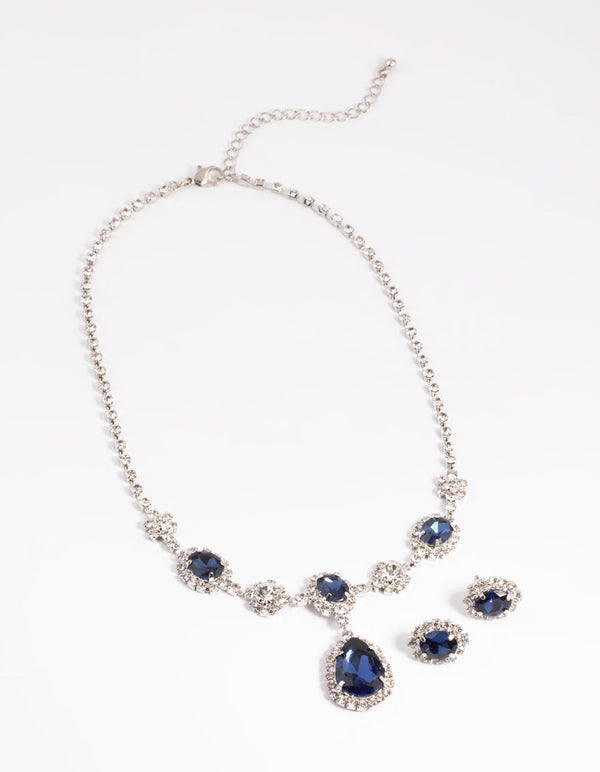 Rhodium Diamond Simulant Sapphire Flower Necklace and Earrings Set
