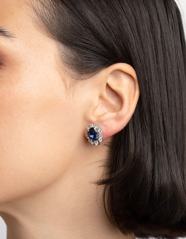 Rhodium Diamond Simulant Sapphire Flower Necklace and Earrings Set