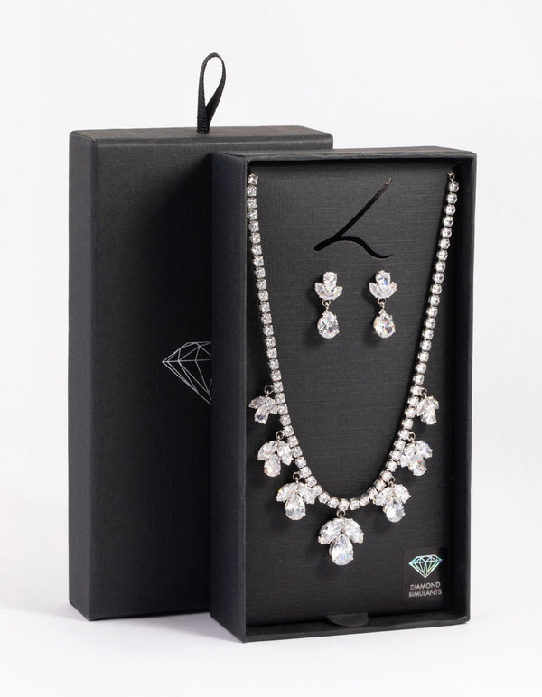 Rhodium Diamond Simulant Flower Necklace and Earrings Set