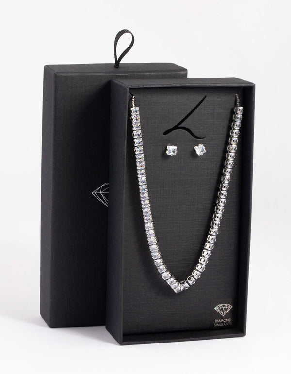 Rhodium Diamond Simulant Square Necklace and Earrings Set