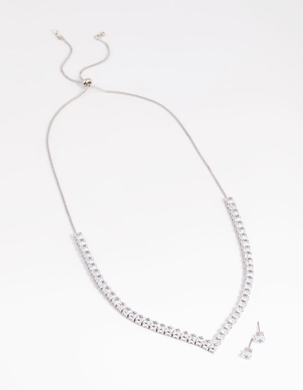 Rhodium Diamond Simulant Square Necklace and Earrings Set