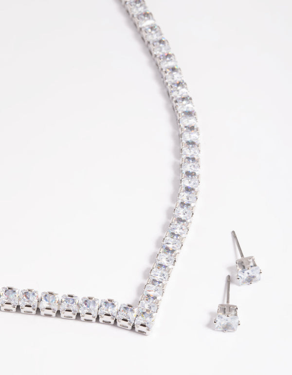 Rhodium Diamond Simulant Square Necklace and Earrings Set