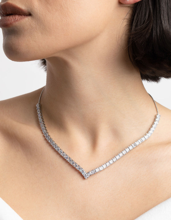 Rhodium Diamond Simulant Square Necklace and Earrings Set