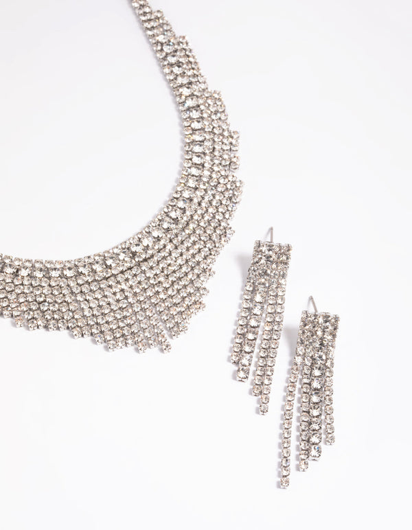 Rhodium Diamond Simulant Waterfall Necklace and Earrings Set