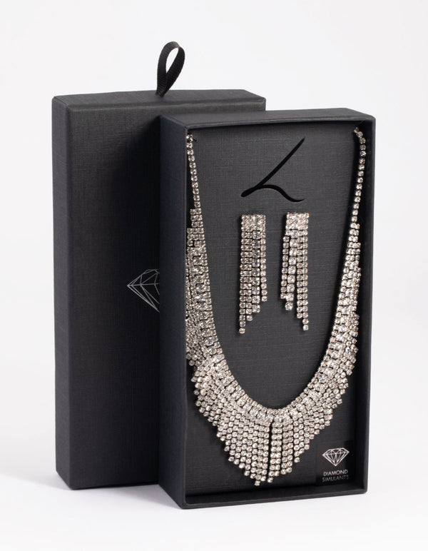 Rhodium Diamond Simulant Waterfall Necklace and Earrings Set