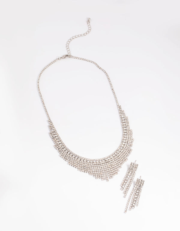 Rhodium Diamond Simulant Waterfall Necklace and Earrings Set