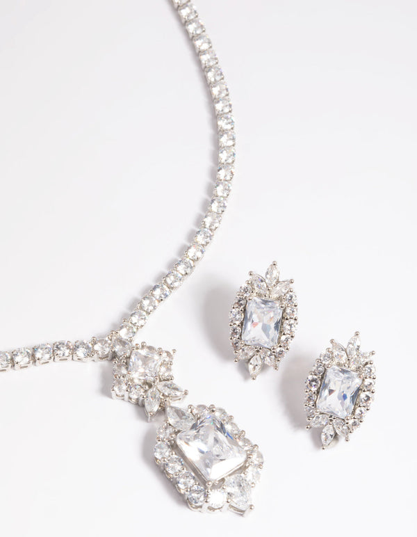 Rhodium Diamond SImulant Vintage Necklace and Earrings Set