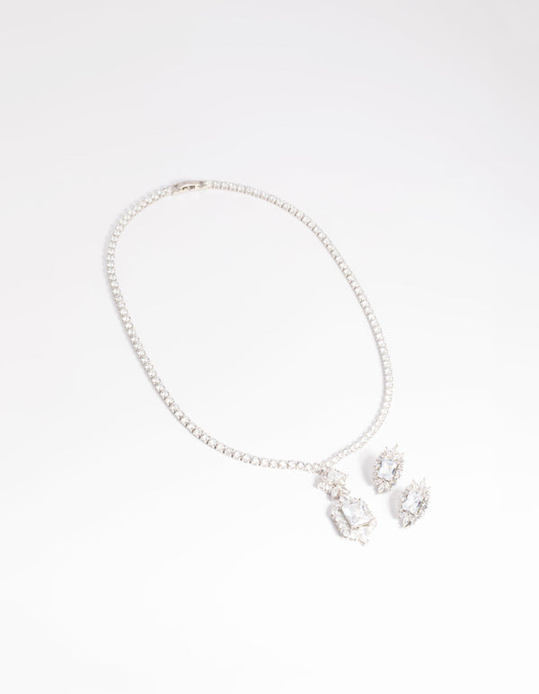 Rhodium Diamond SImulant Vintage Necklace and Earrings Set
