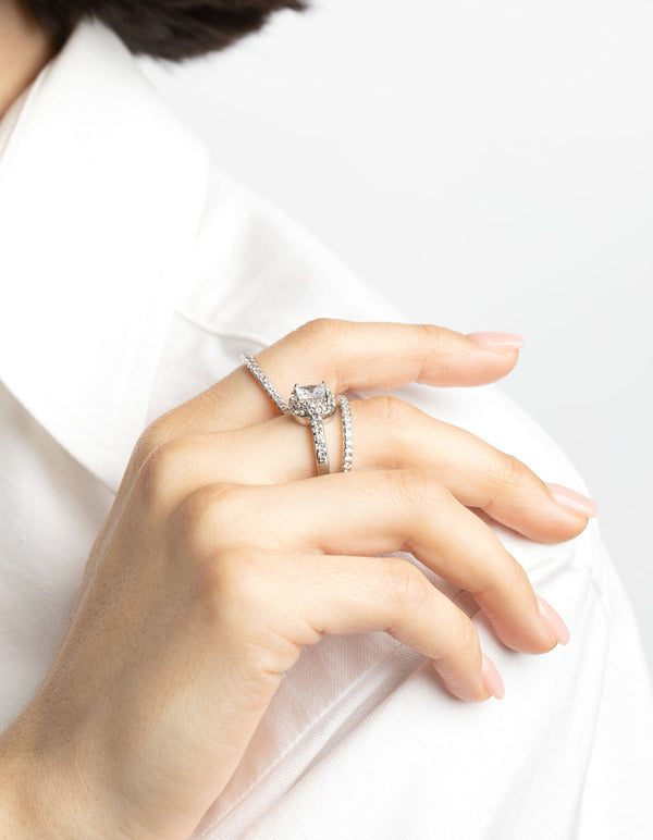 Rhodium Diamond Simulant Square Ring Pack