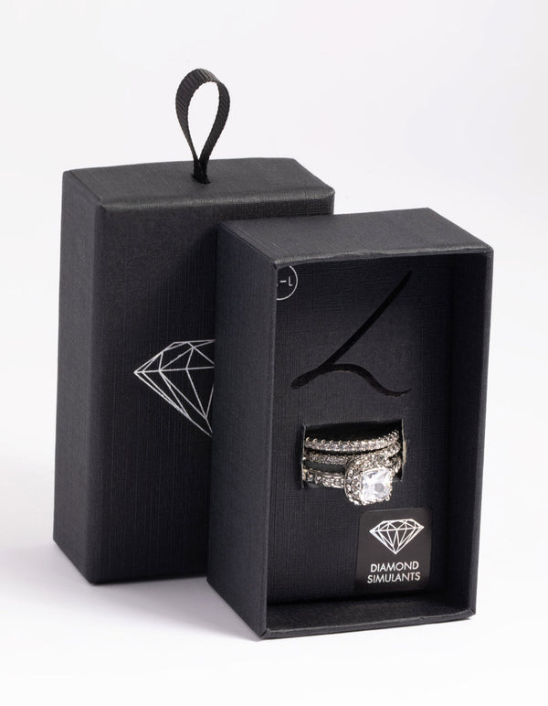 Rhodium Diamond Simulant Square Ring Pack