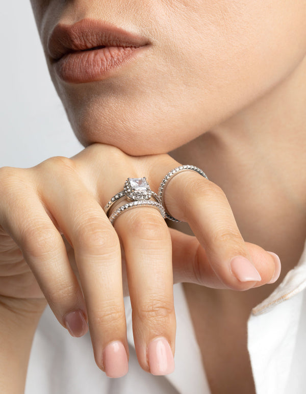 Rhodium Diamond Simulant Square Ring Pack