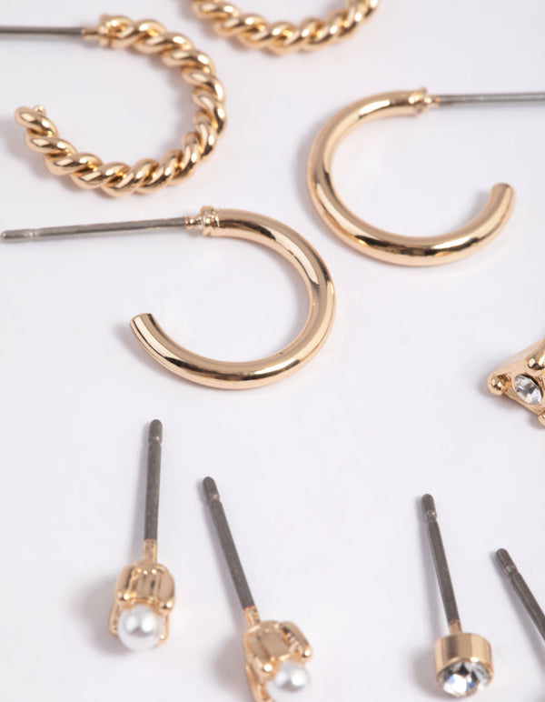 Gold Pearl Stud and Huggie Hoop Earring Pack