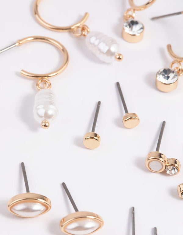 Gold Mixed Pearl Stud and Huggie Hoop Earring Pack