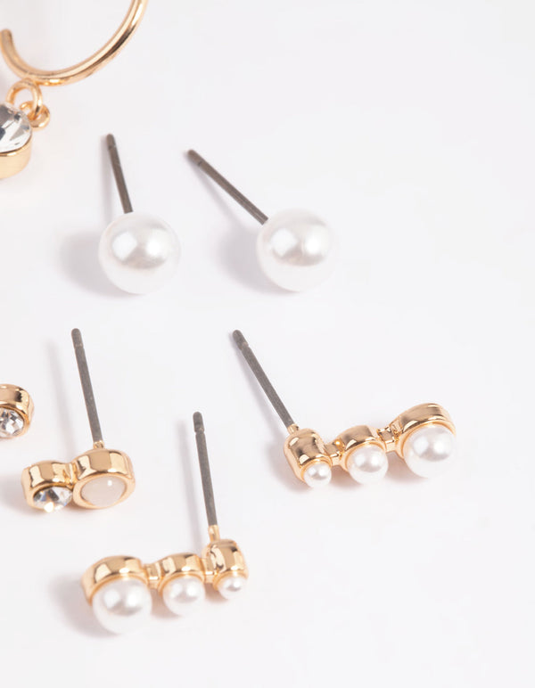 Gold Mixed Pearl Stud and Huggie Hoop Earring Pack