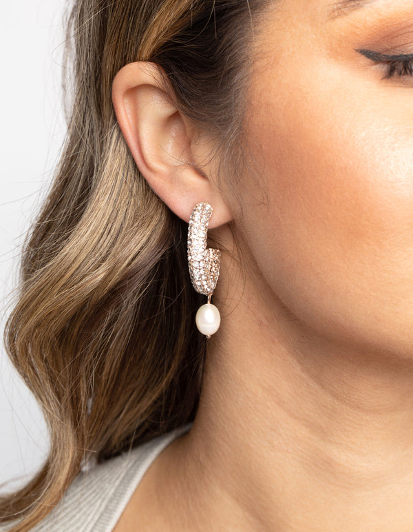 Rose Gold Diamate and Pearl Huggie Hoop Earrings