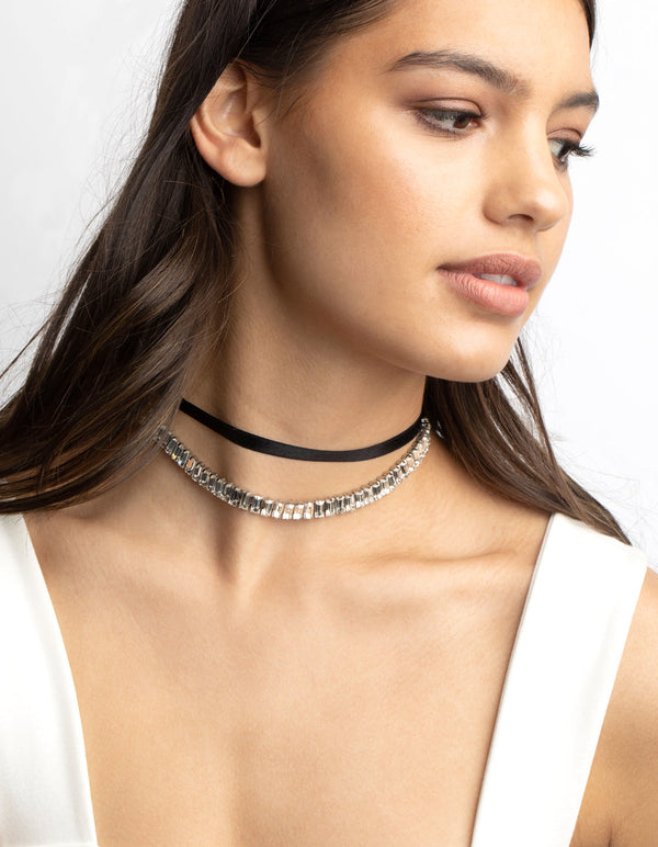 Rhodium Satin and Diamante Choker Pack