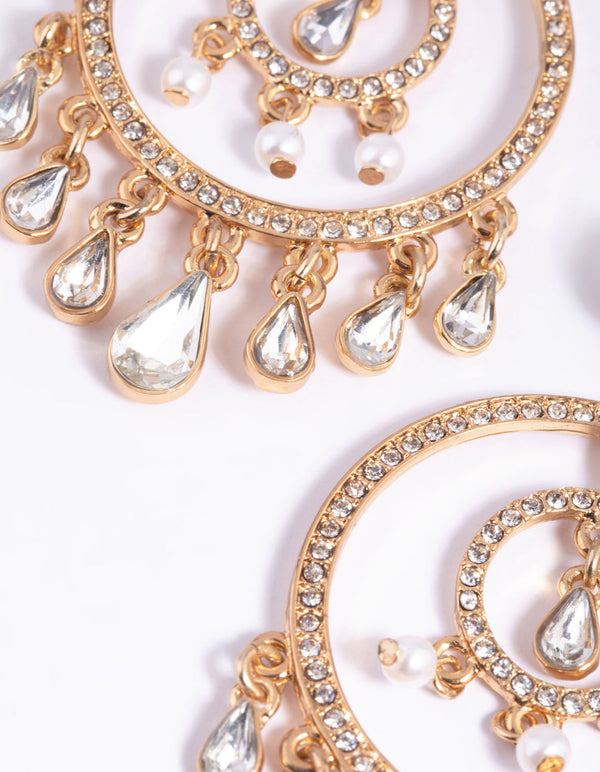 Gold Diamante Circular Vintage Drop Earrings