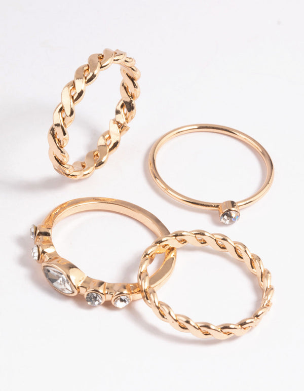 Gold Diamante Twisted Ring Stack Pack